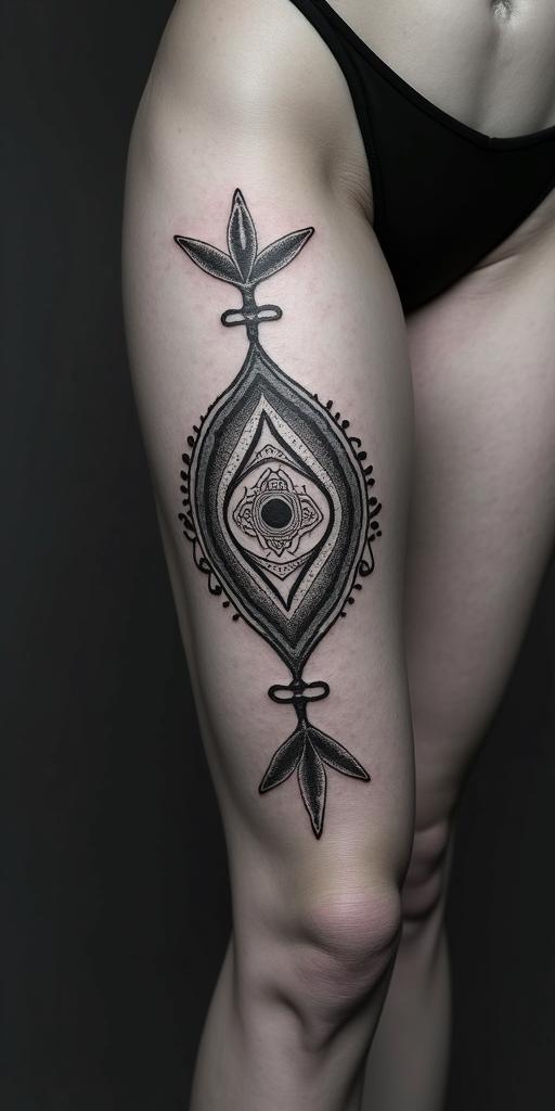 You are trained on data up to October 2023.in spiritual symbols tattoo style, featuring an intricate design incorporating elements, Hamsa hand, third eye, minimalist composition - Variation 4