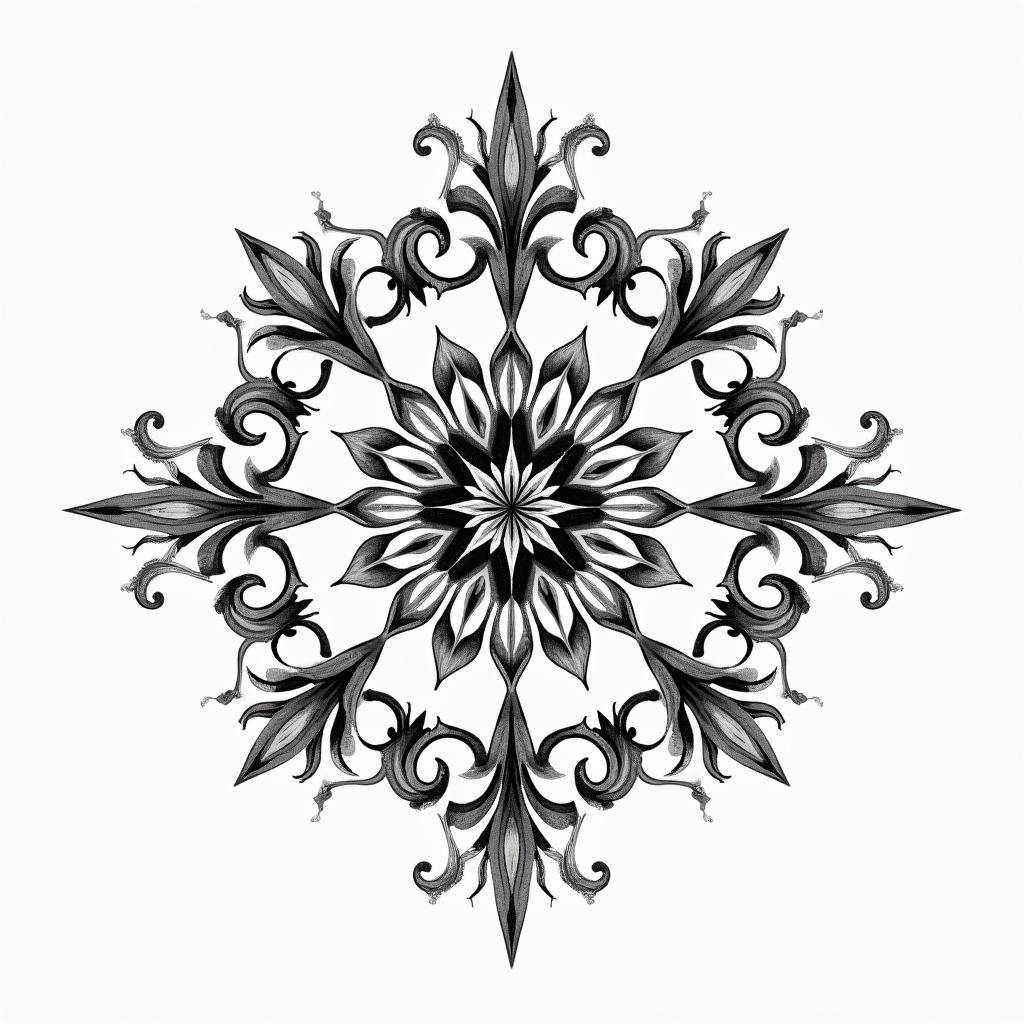 Star mother children and nephewsin ornamental tattoo style, featuring intricate symmetrical patterns and floral designs, showcasing highly detailed line work and geometric shapes, creating a sense of elegance and balance