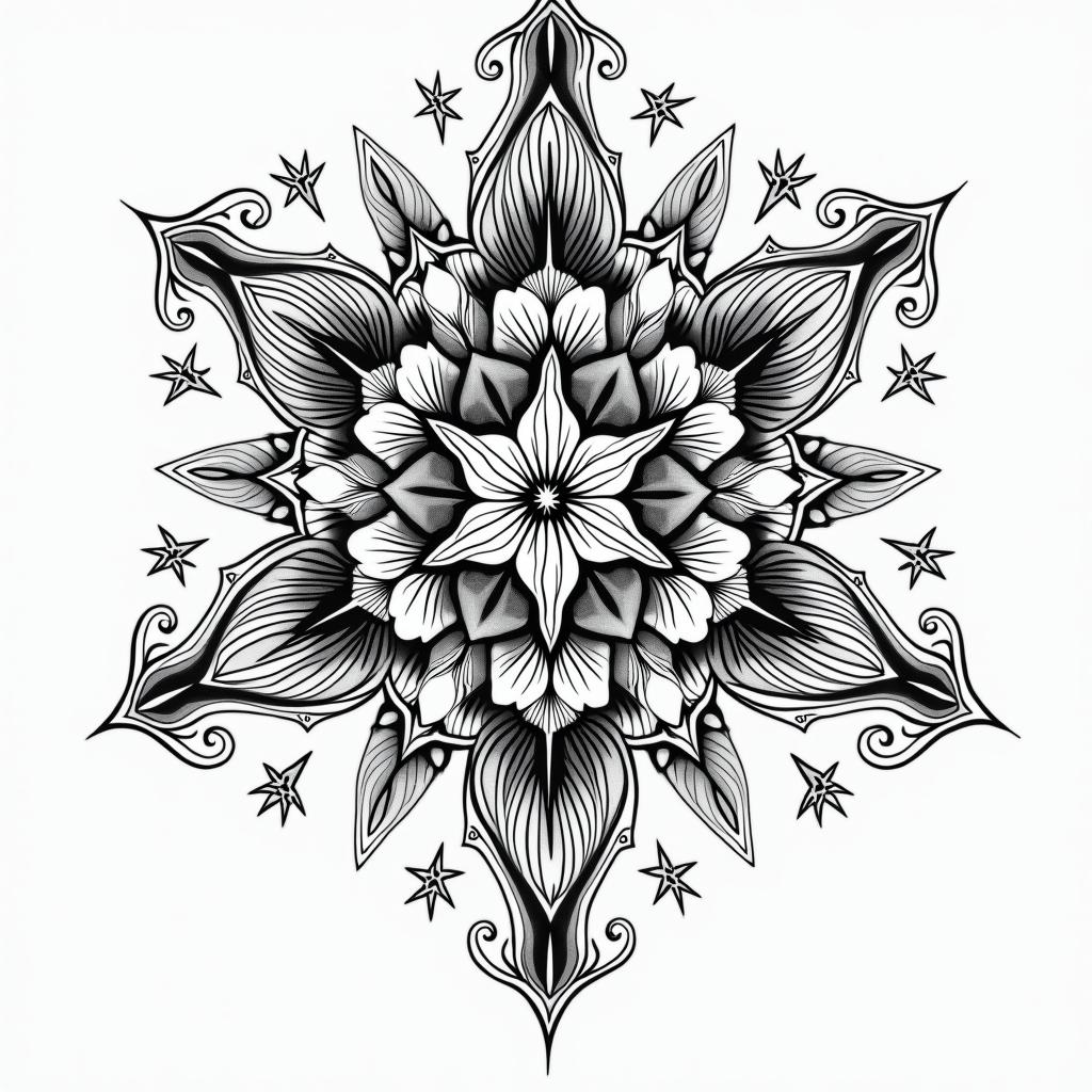 Star mother children and nephewsin ornamental tattoo style, featuring intricate symmetrical patterns and floral designs, showcasing highly detailed line work and geometric shapes, creating a sense of elegance and balance - Variation 4