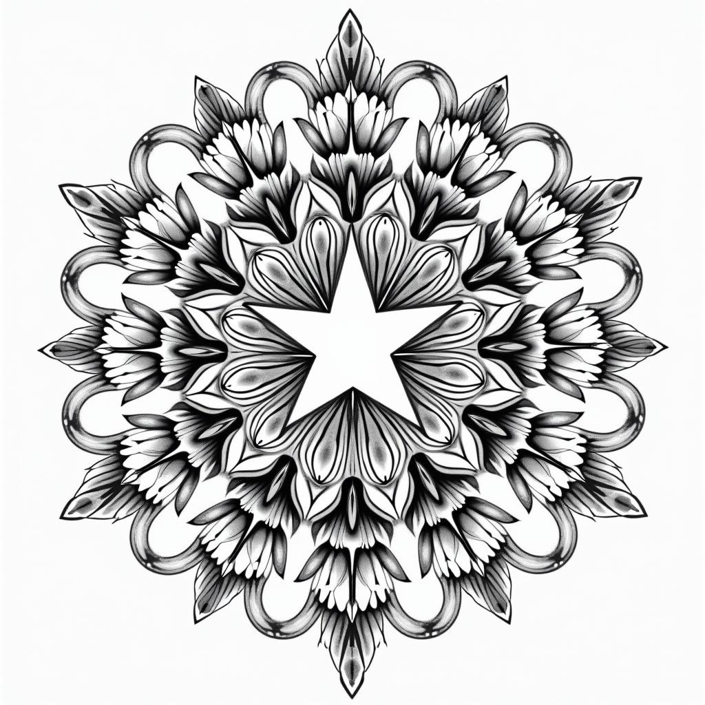 Star mother children and nephewsin ornamental tattoo style, featuring intricate symmetrical patterns and floral designs, showcasing highly detailed line work and geometric shapes, creating a sense of elegance and balance - Variation 3