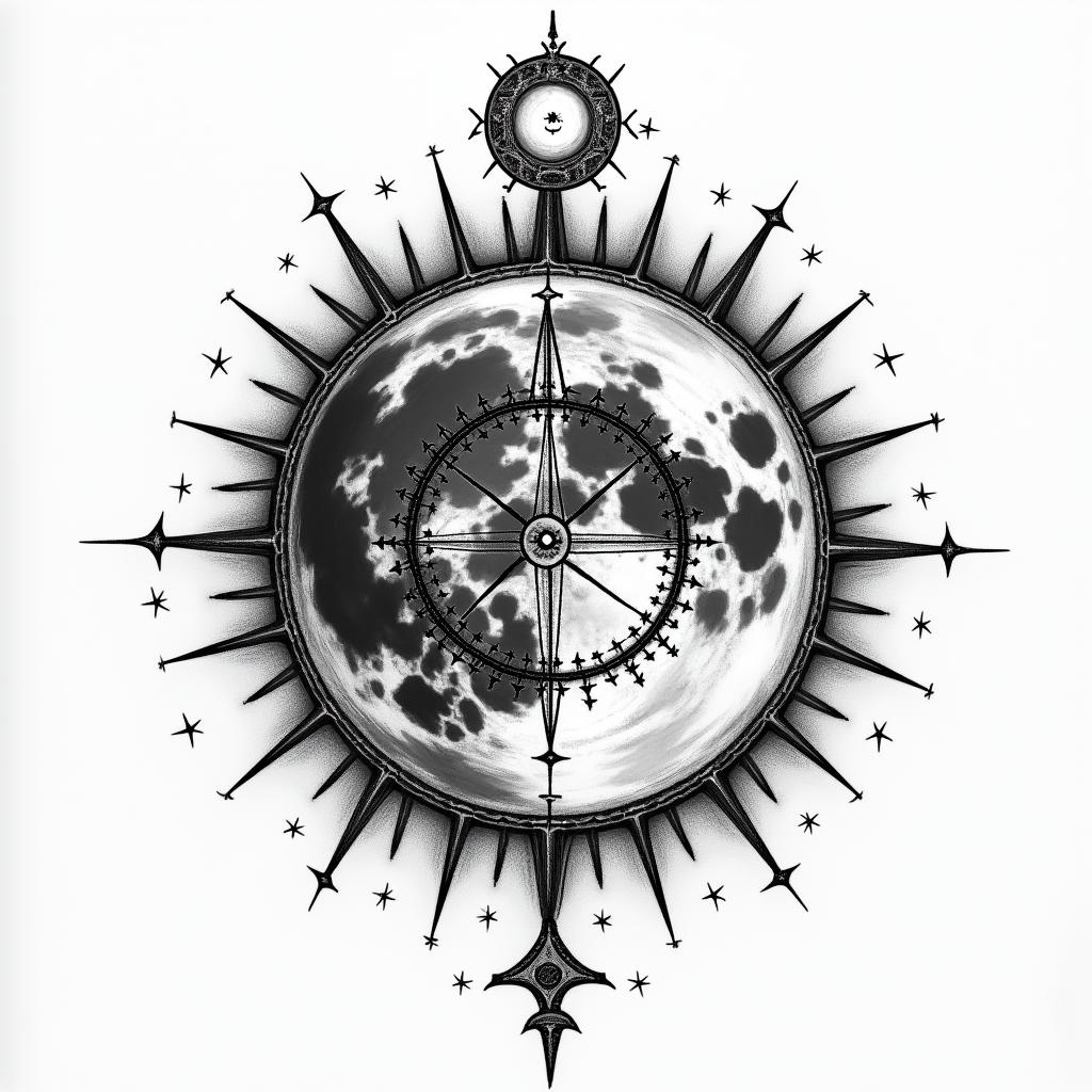Galaxy of the moon and starsin prophecy tattoo style, featuring mystical symbols, celestial imagery like stars, moons, suns, geometric patterns, foretelling elements, an eye of wisdom - Variation 2