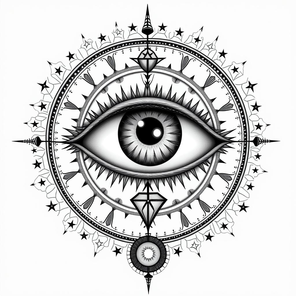 Galaxy of the moon and starsin prophecy tattoo style, featuring mystical symbols, celestial imagery like stars, moons, suns, geometric patterns, foretelling elements, an eye of wisdom