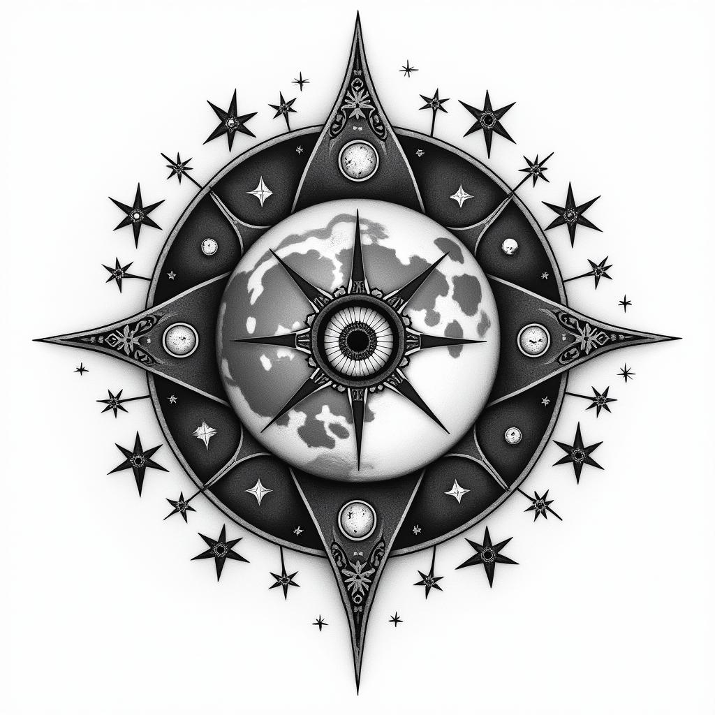 Galaxy of the moon and starsin prophecy tattoo style, featuring mystical symbols, celestial imagery like stars, moons, suns, geometric patterns, foretelling elements, an eye of wisdom - Variation 3