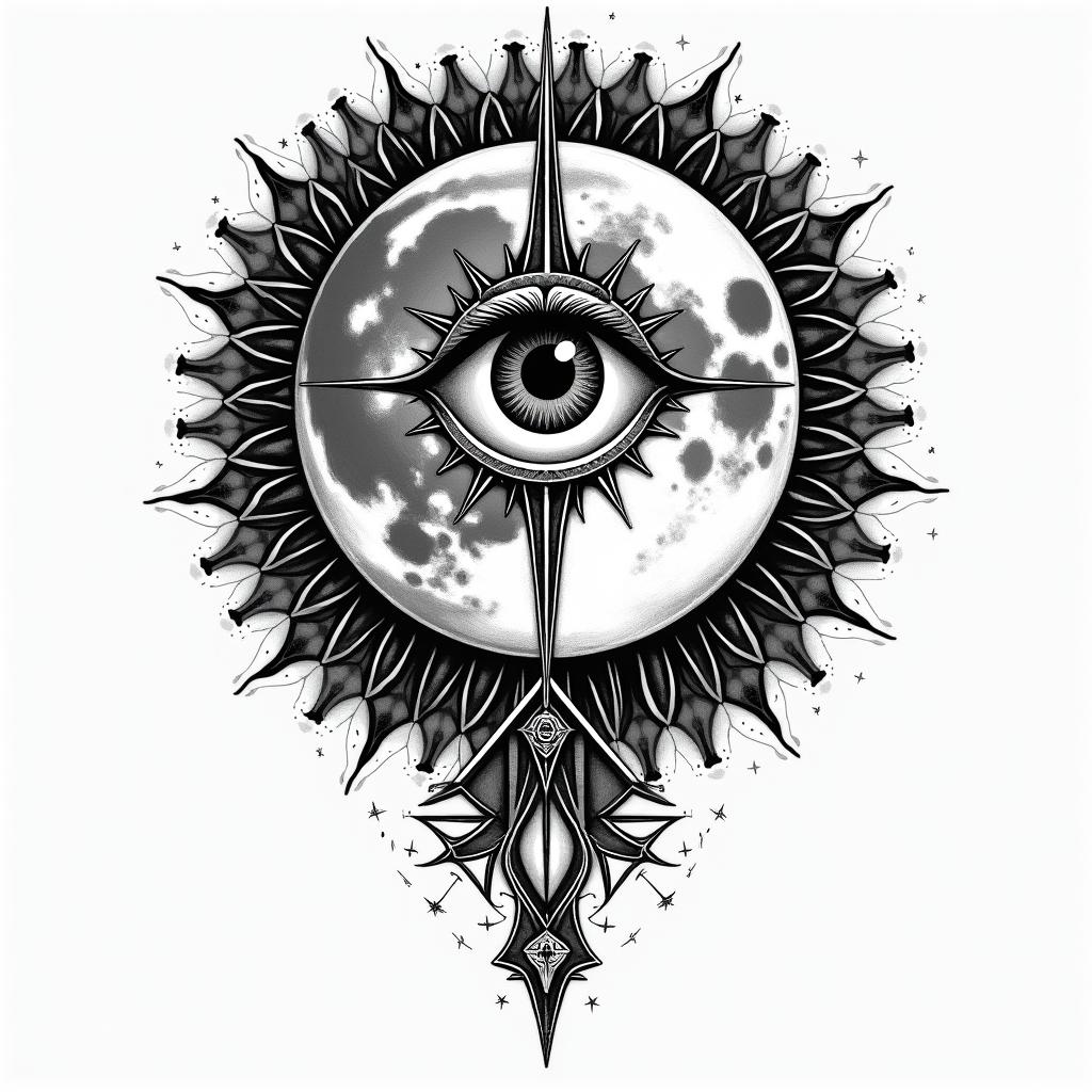 Galaxy of the moon and starsin prophecy tattoo style, featuring mystical symbols, celestial imagery like stars, moons, suns, geometric patterns, foretelling elements, an eye of wisdom - Variation 4