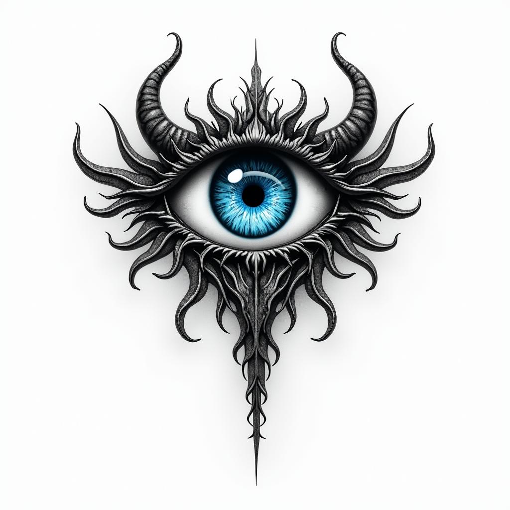 Blue eye deviltext-based tattoo, gothic font ultra-realistic, perfectly placed, high-quality font design, photo-realistic shading, 8k, high quality, finely detailed typography - Variation 2