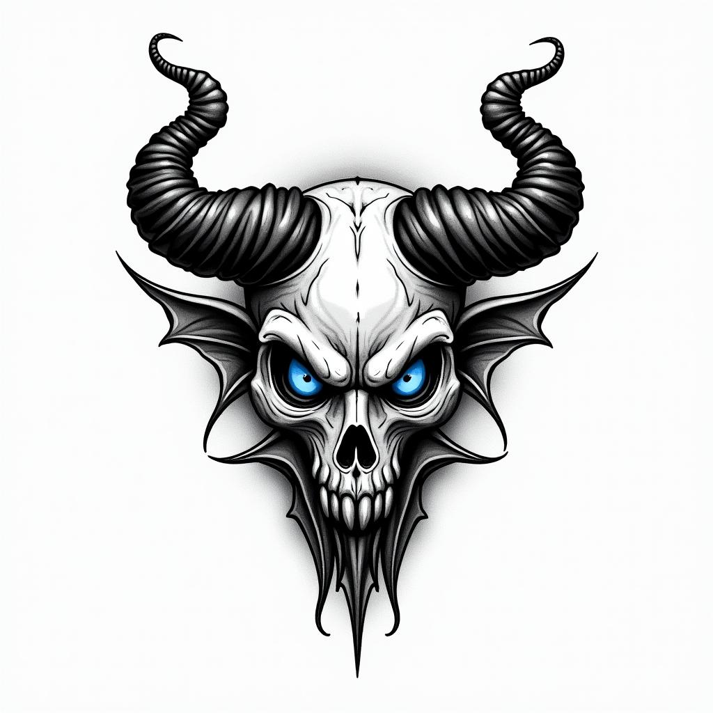Blue eye deviltext-based tattoo, gothic font ultra-realistic, perfectly placed, high-quality font design, photo-realistic shading, 8k, high quality, finely detailed typography
