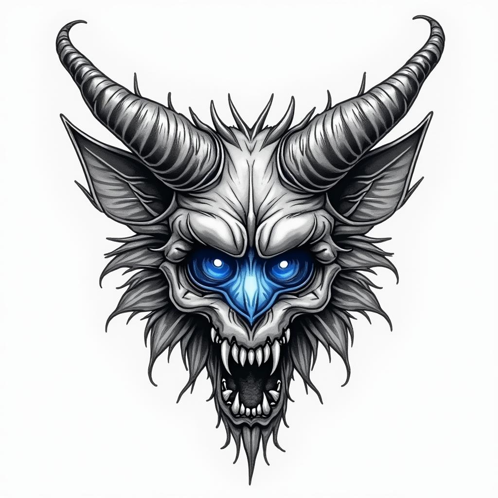 Blue eye deviltext-based tattoo, gothic font ultra-realistic, perfectly placed, high-quality font design, photo-realistic shading, 8k, high quality, finely detailed typography - Variation 4