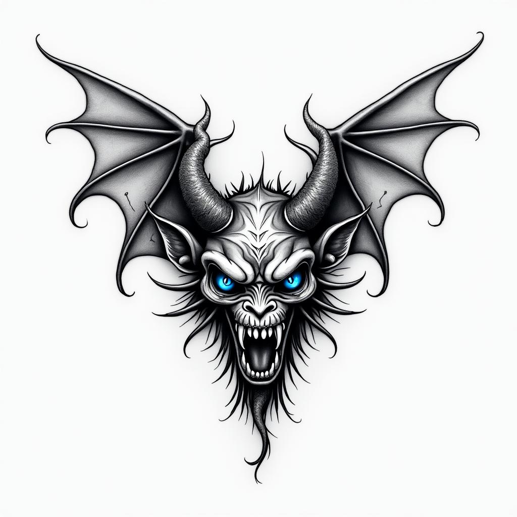 Blue eye deviltext-based tattoo, gothic font ultra-realistic, perfectly placed, high-quality font design, photo-realistic shading, 8k, high quality, finely detailed typography - Variation 3