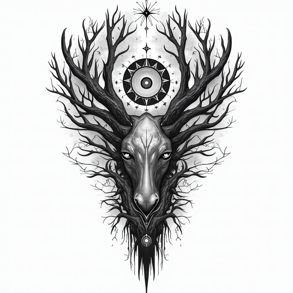 Woods, animals and namesin prophecy tattoo style, featuring mystical symbols, celestial imagery like stars, moons, suns, geometric patterns, foretelling elements, an eye of wisdom - Variation 3
