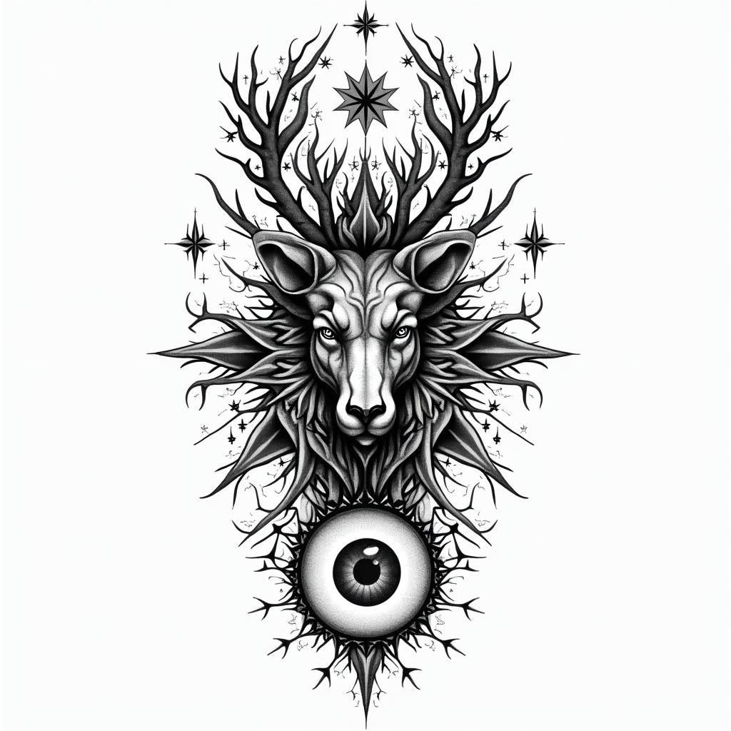 Woods, animals and namesin prophecy tattoo style, featuring mystical symbols, celestial imagery like stars, moons, suns, geometric patterns, foretelling elements, an eye of wisdom - Variation 2