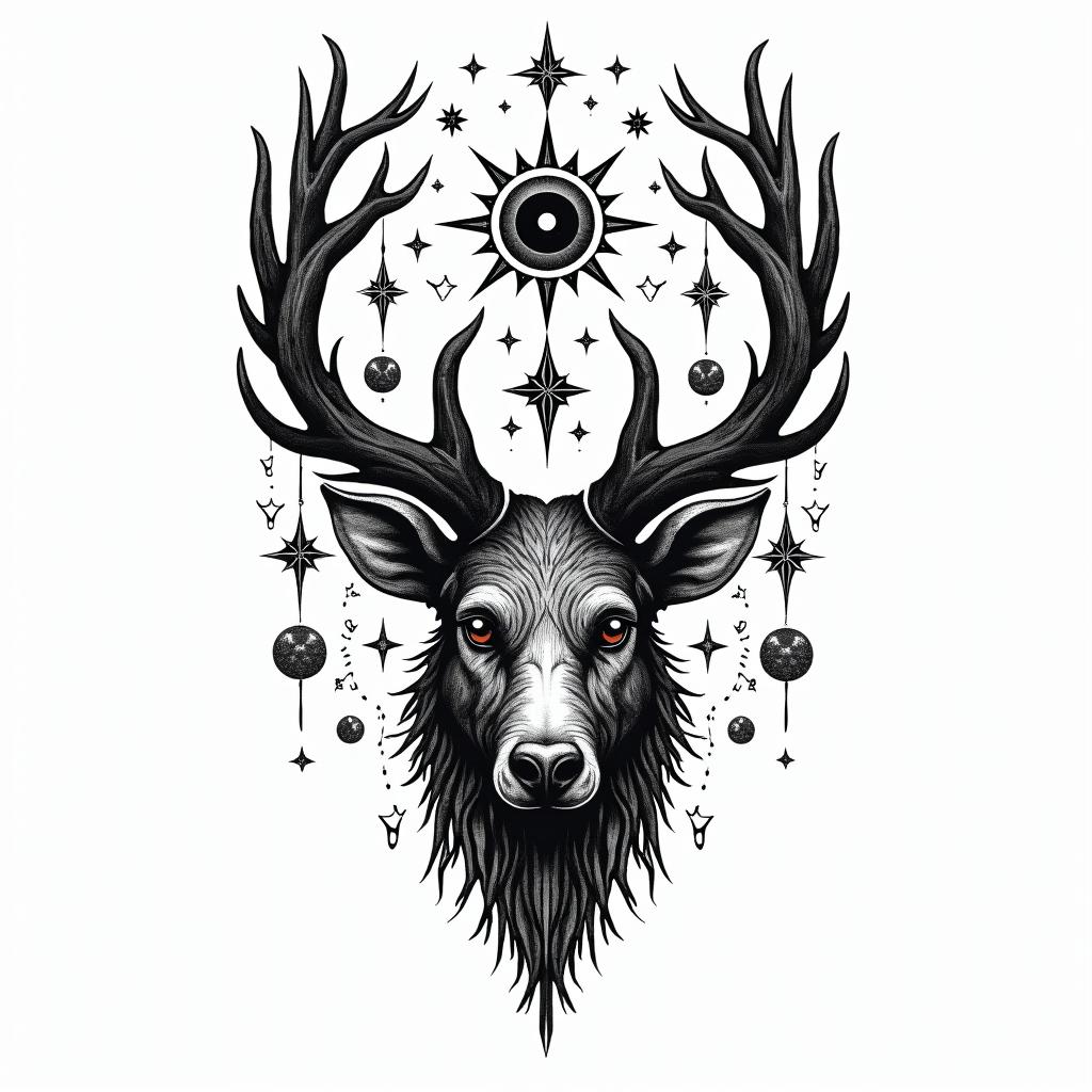 Woods, animals and namesin prophecy tattoo style, featuring mystical symbols, celestial imagery like stars, moons, suns, geometric patterns, foretelling elements, an eye of wisdom