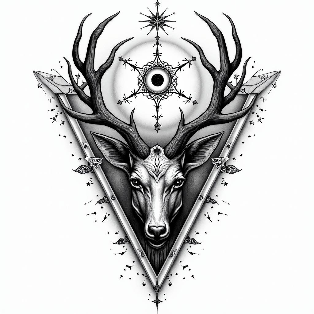 Woods, animals and namesin prophecy tattoo style, featuring mystical symbols, celestial imagery like stars, moons, suns, geometric patterns, foretelling elements, an eye of wisdom - Variation 4