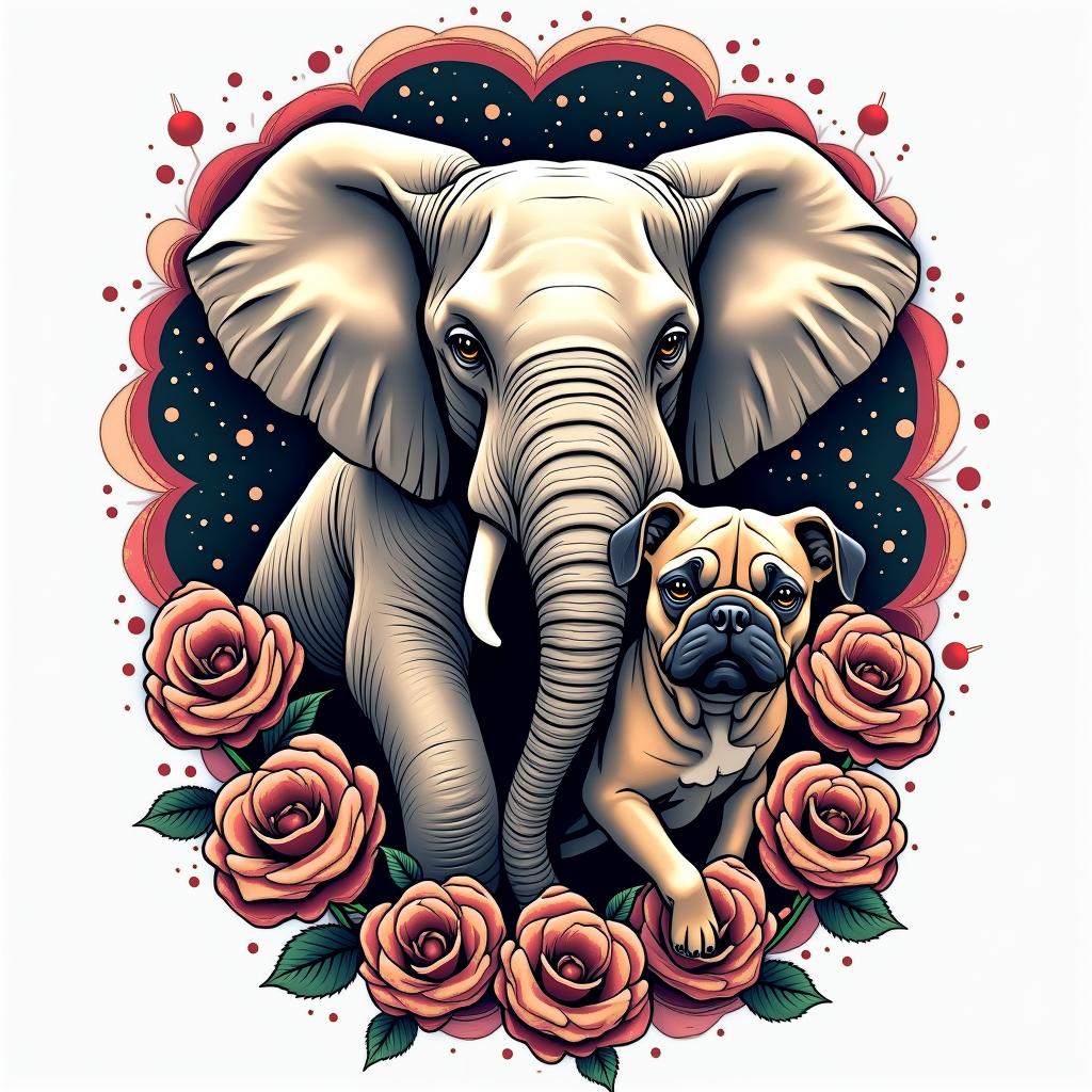 Create an elephant embracing a shih tzu and a boxer-pit with a cosmic backgroundin pop art style tattoo, featuring bold and vibrant colors, exaggerated outlines, iconic imagery, inspired by comic books and speech bubbles, comic book characters, retro pop culture - Variation 2