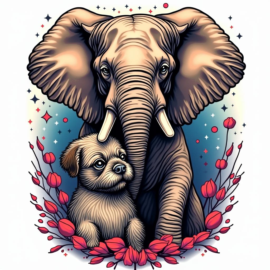 Create an elephant embracing a shih tzu and a boxer-pit with a cosmic backgroundin pop art style tattoo, featuring bold and vibrant colors, exaggerated outlines, iconic imagery, inspired by comic books and speech bubbles, comic book characters, retro pop culture - Variation 3