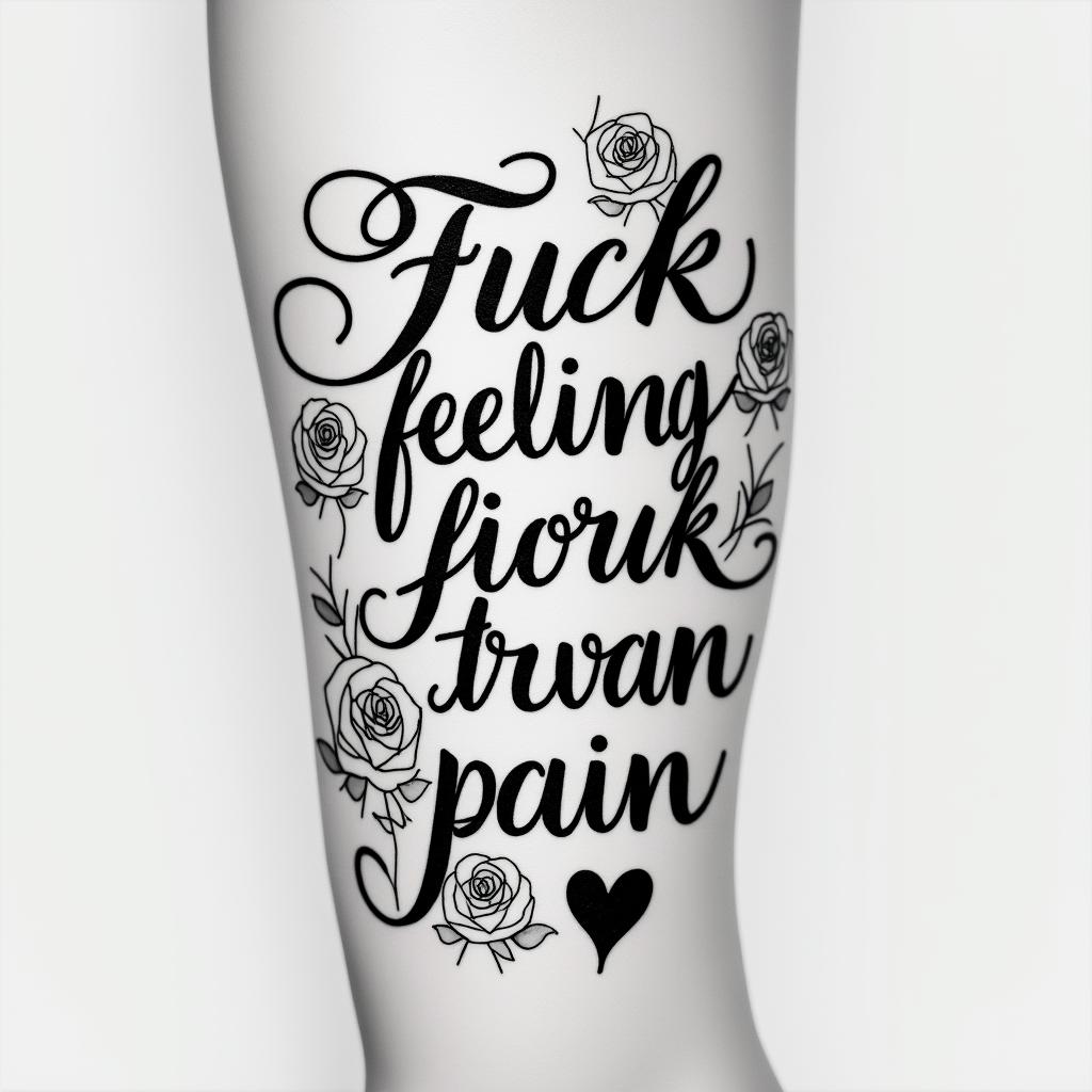 Fuck feelings heartbroken painin elegant cursive calligraphy style 2d tattoo, decorate with roses, featuring a smooth and flowing handwritten script with slightly thickened strokes for a luxurious and bold appearance,  heart symbol between names,  sleek and glossy black text with shadowing, minimalist matte white background, clean and sharp edges, illuminated with soft lighting, romantic, 8k, high-quality textures with refined typography