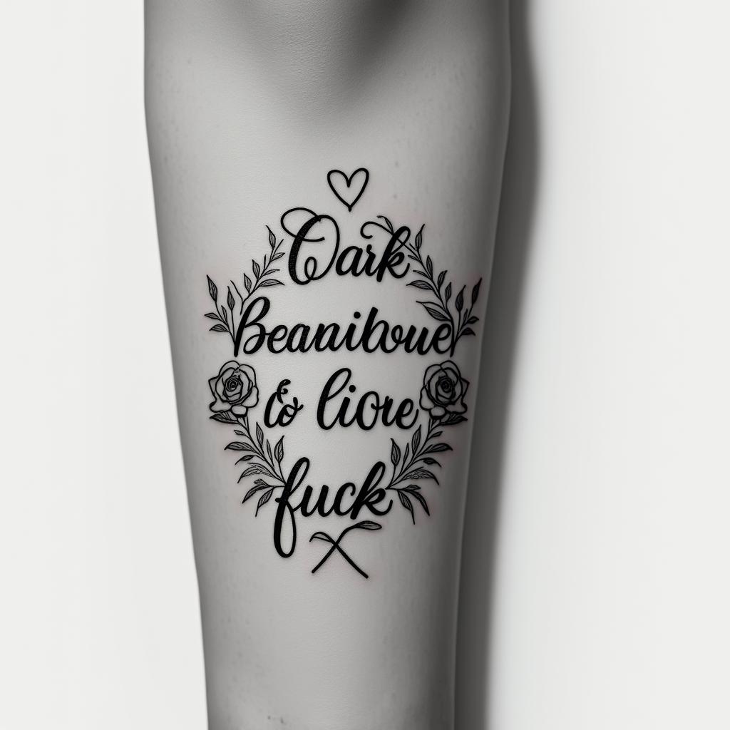 Fuck feelings heartbroken painin elegant cursive calligraphy style 2d tattoo, decorate with roses, featuring a smooth and flowing handwritten script with slightly thickened strokes for a luxurious and bold appearance,  heart symbol between names,  sleek and glossy black text with shadowing, minimalist matte white background, clean and sharp edges, illuminated with soft lighting, romantic, 8k, high-quality textures with refined typography - Variation 3