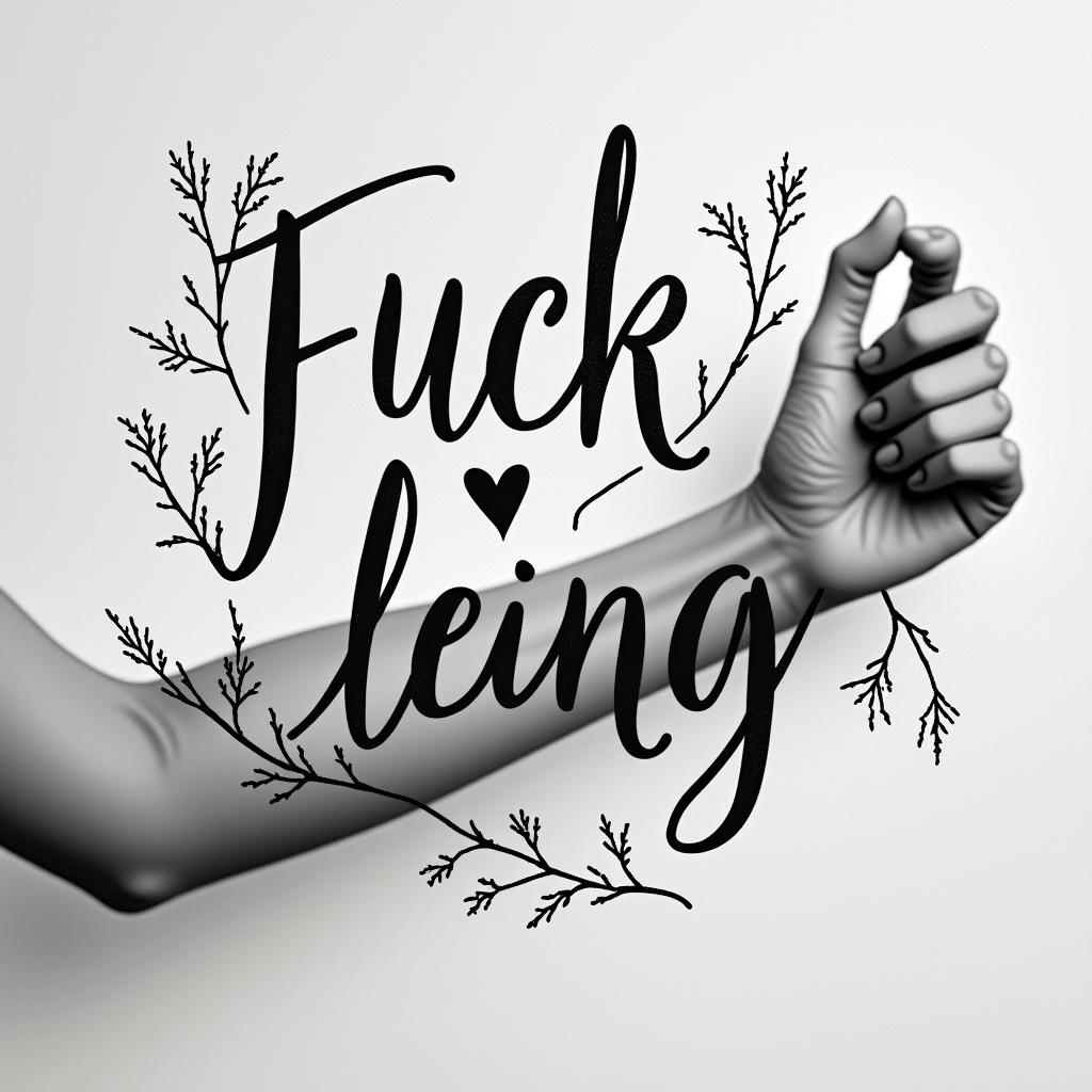 Fuck feelings heartbroken painin elegant cursive calligraphy style 2d tattoo, decorate with roses, featuring a smooth and flowing handwritten script with slightly thickened strokes for a luxurious and bold appearance,  heart symbol between names,  sleek and glossy black text with shadowing, minimalist matte white background, clean and sharp edges, illuminated with soft lighting, romantic, 8k, high-quality textures with refined typography - Variation 4