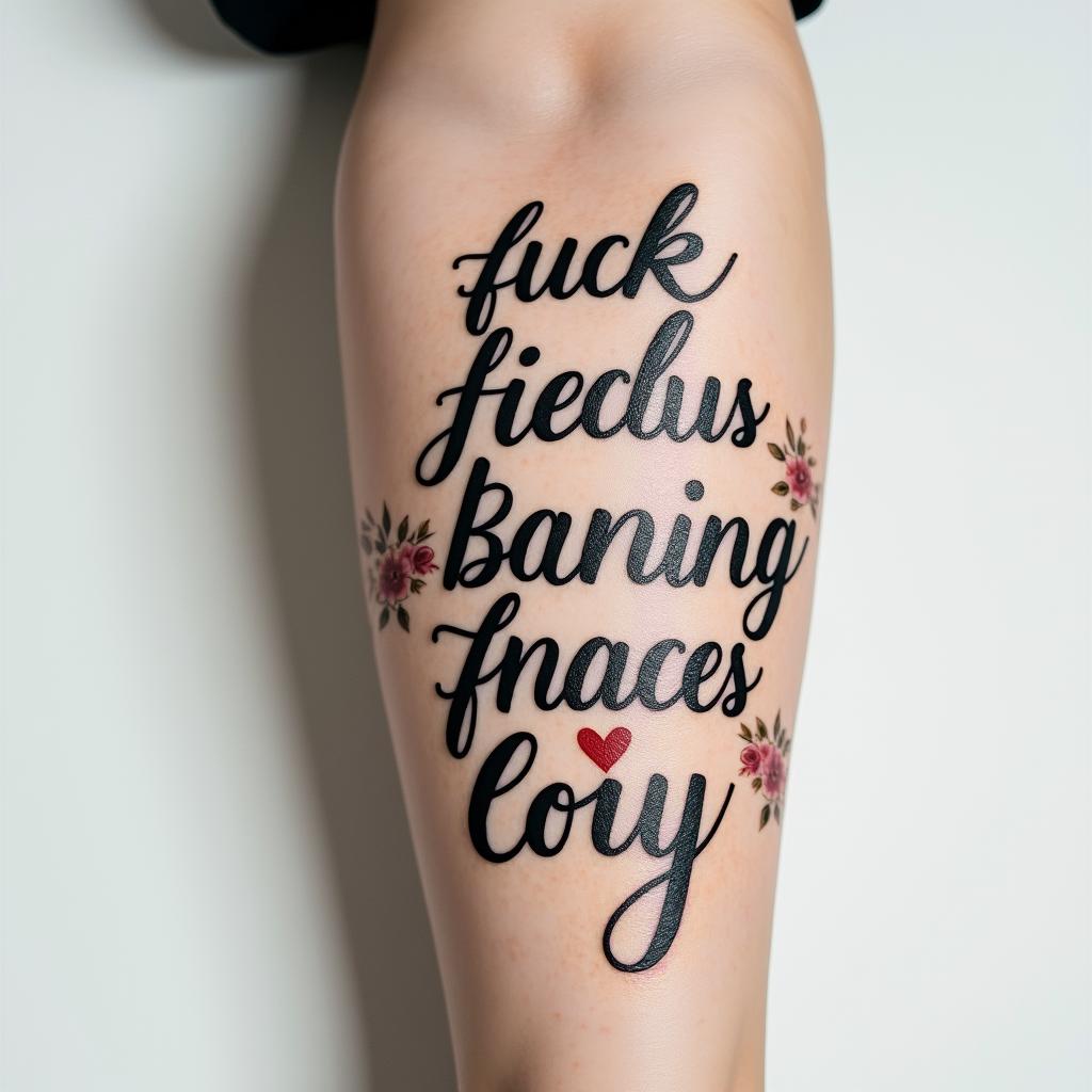 Fuck feelings heartbroken painin elegant cursive calligraphy style 2d tattoo, decorate with roses, featuring a smooth and flowing handwritten script with slightly thickened strokes for a luxurious and bold appearance,  heart symbol between names,  sleek and glossy black text with shadowing, minimalist matte white background, clean and sharp edges, illuminated with soft lighting, romantic, 8k, high-quality textures with refined typography - Variation 2