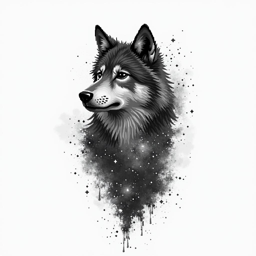 Galaxy with a silhouette of a wolf in the backgroundin 8-bit tattoo style, minimalistic pixel style tattoo, pixel art with simplified shapes and retro gaming visuals, inspired by 8-bit pixel based detailing - Variation 4