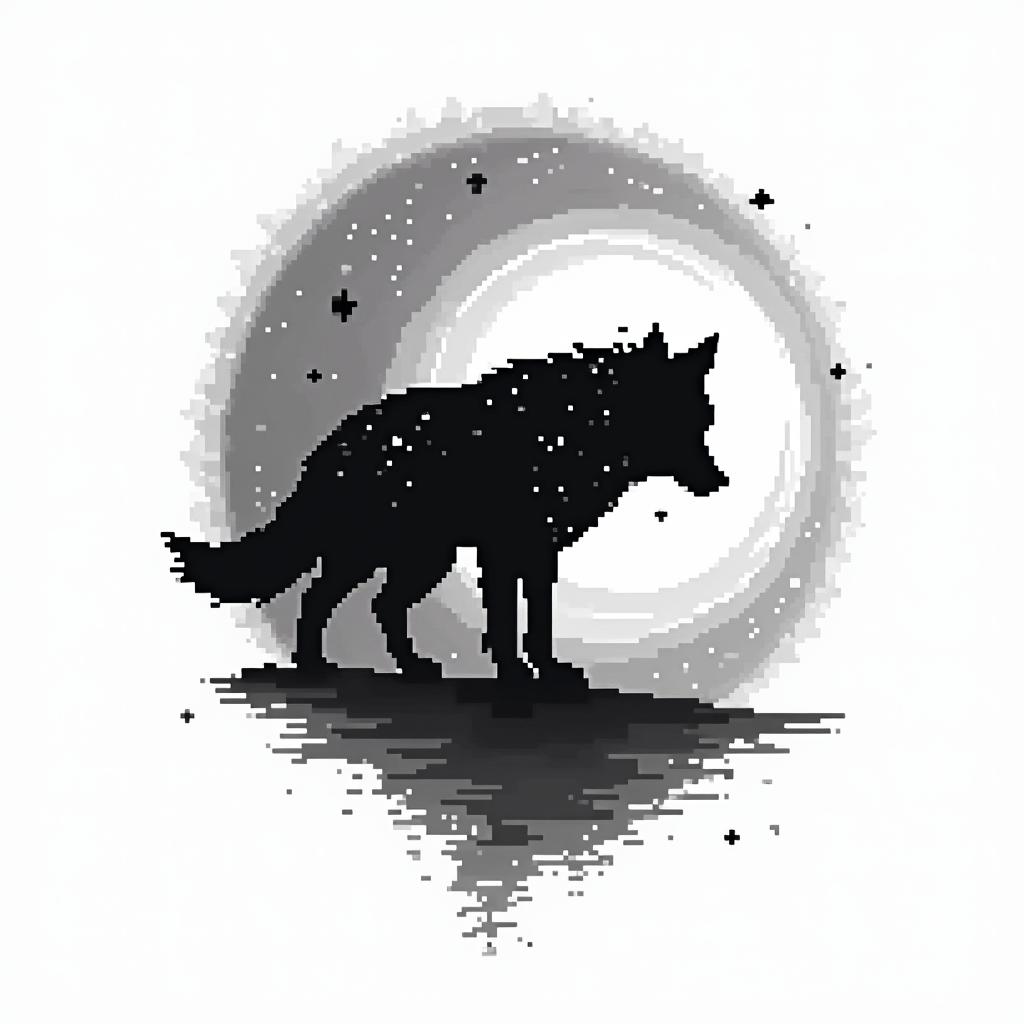 Galaxy with a silhouette of a wolf in the backgroundin 8-bit tattoo style, minimalistic pixel style tattoo, pixel art with simplified shapes and retro gaming visuals, inspired by 8-bit pixel based detailing
