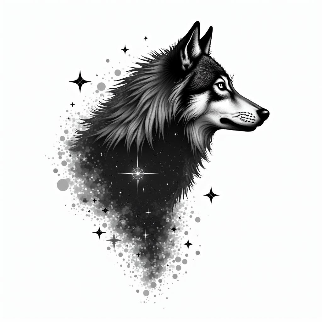 Galaxy with a silhouette of a wolf in the backgroundin 8-bit tattoo style, minimalistic pixel style tattoo, pixel art with simplified shapes and retro gaming visuals, inspired by 8-bit pixel based detailing - Variation 3