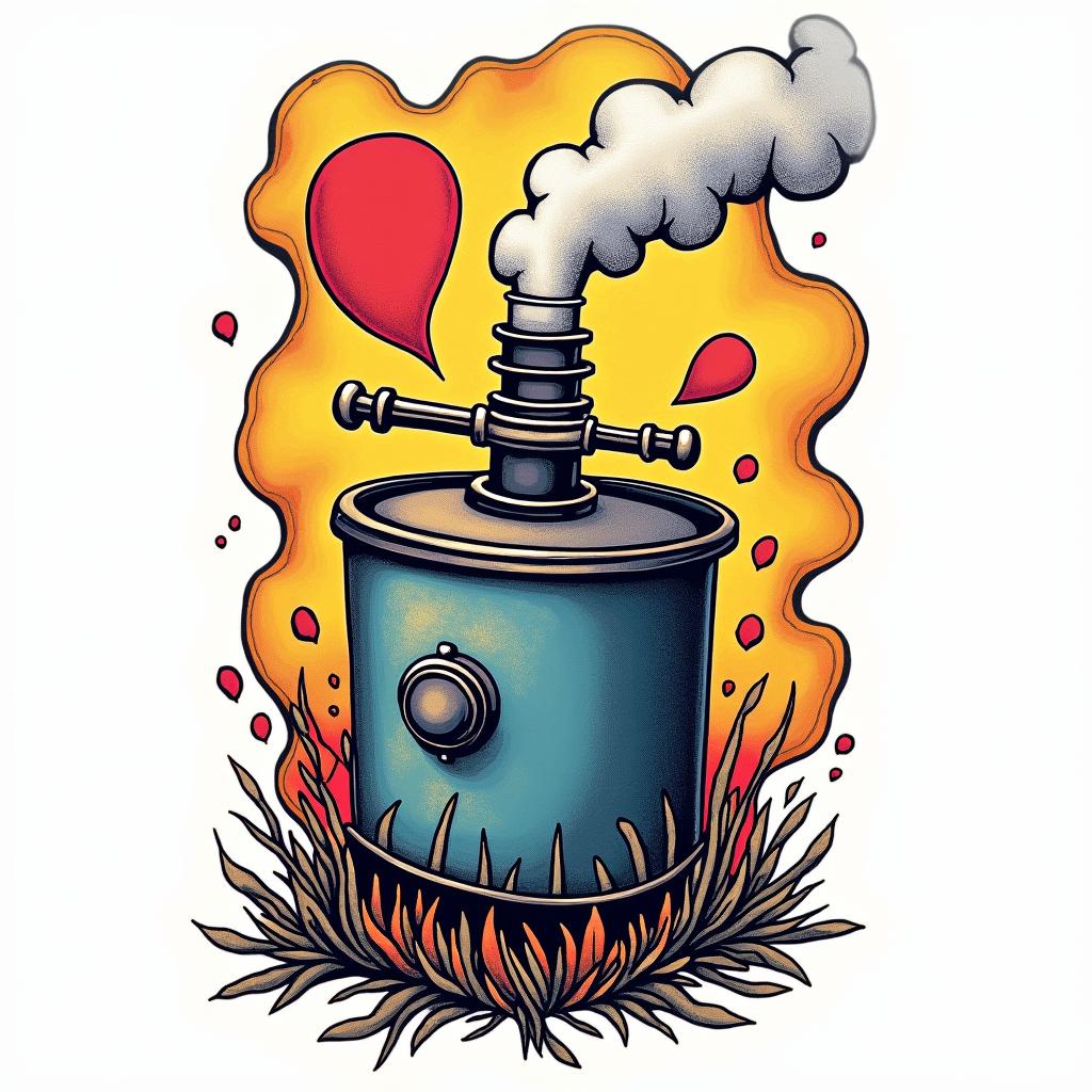 Steam boilerin pop art style tattoo, featuring bold and vibrant colors, exaggerated outlines, iconic imagery, inspired by comic books and speech bubbles, comic book characters, retro pop culture - Variation 2
