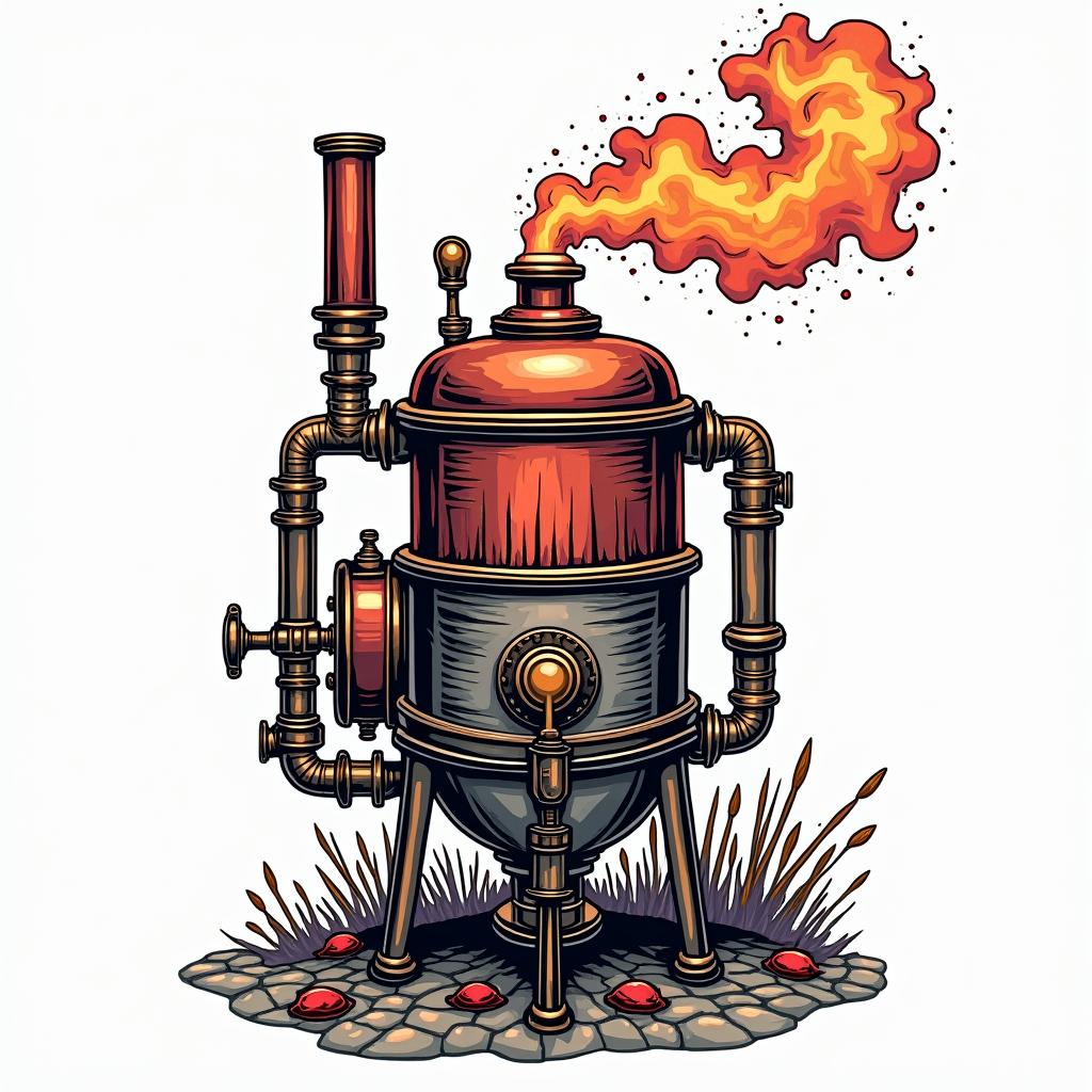 Steam boilerin pop art style tattoo, featuring bold and vibrant colors, exaggerated outlines, iconic imagery, inspired by comic books and speech bubbles, comic book characters, retro pop culture