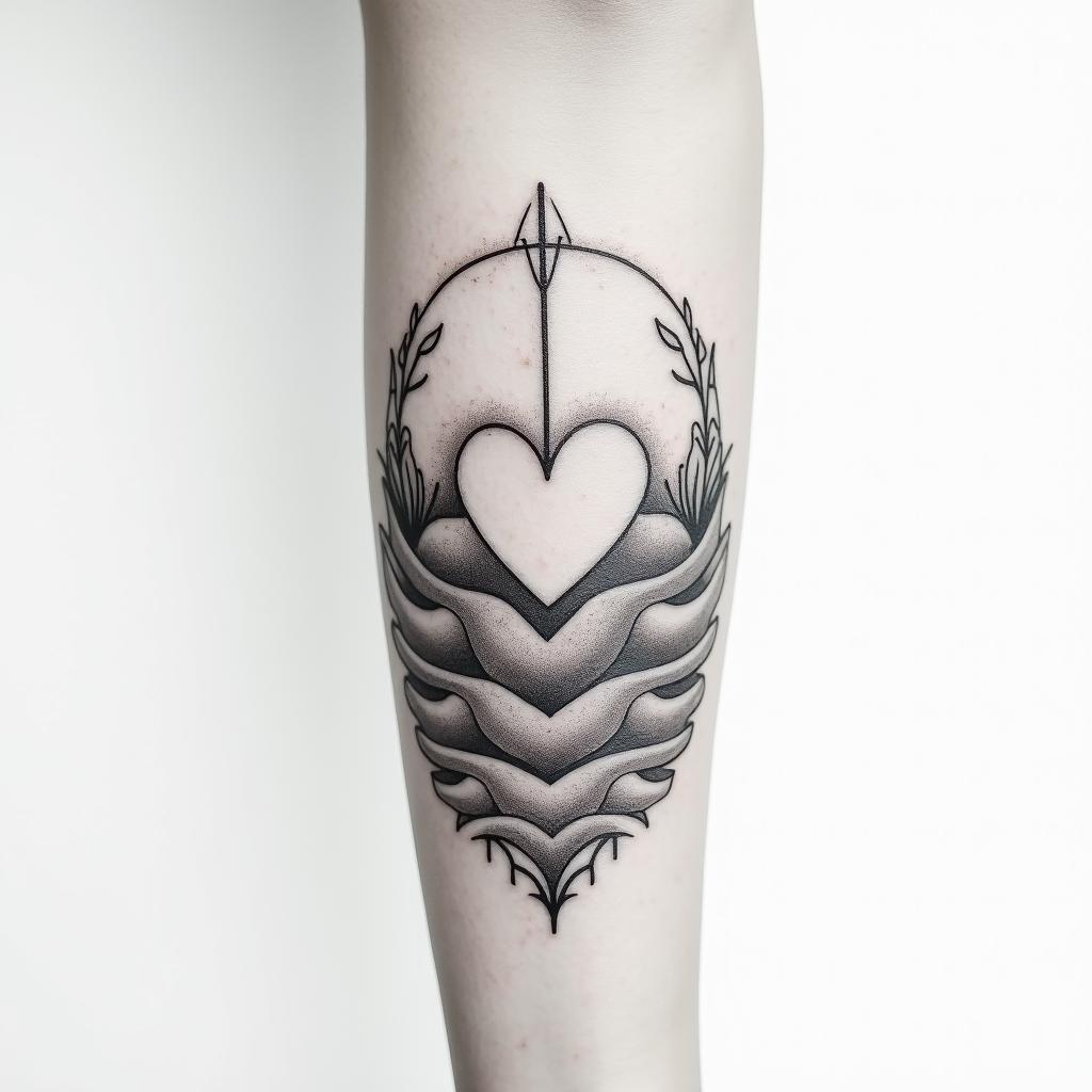 Briannain Modest style tattoo, featuring soft, delicate line work with simple and meaningful symbols, gentle waves, a heart, evoking a sense of serenity and grace,