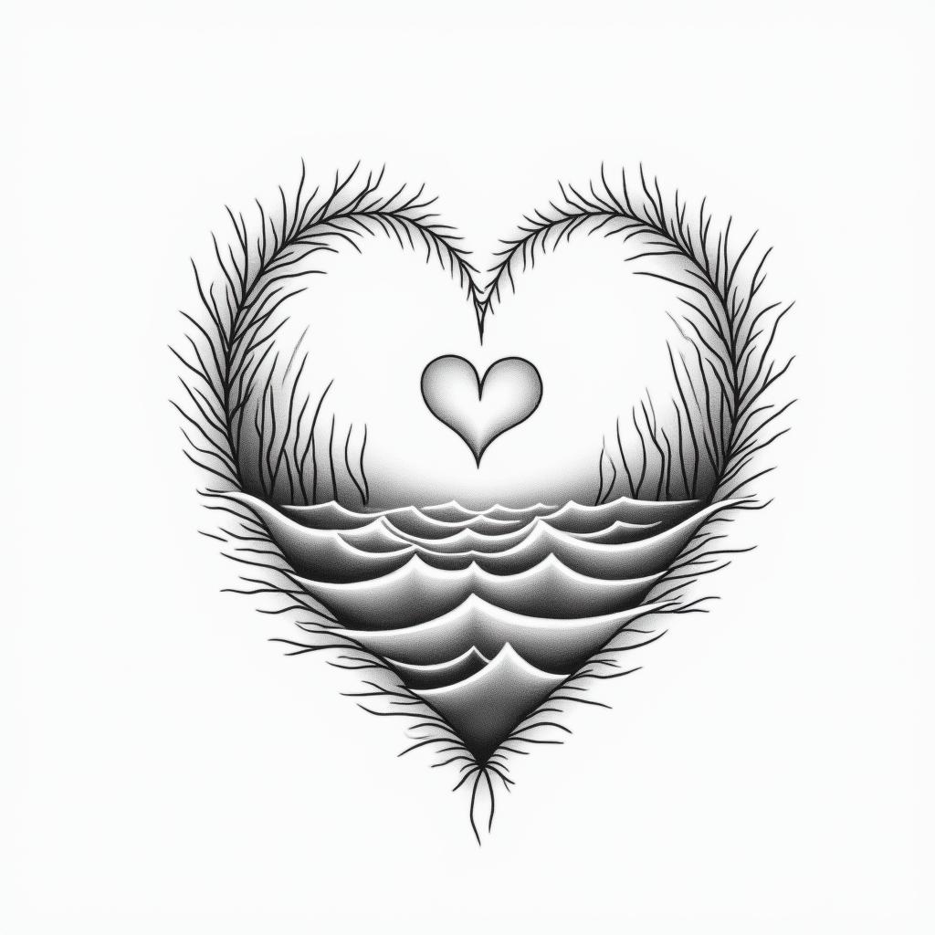 Briannain Modest style tattoo, featuring soft, delicate line work with simple and meaningful symbols, gentle waves, a heart, evoking a sense of serenity and grace, - Variation 3