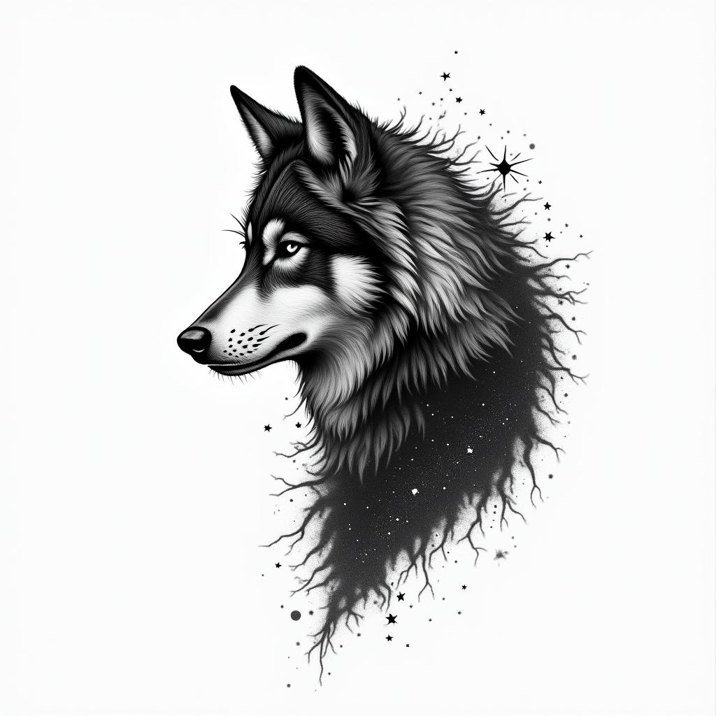 Galaxy with a silhouette of a wolf in the backgroundin new school tattoo, pop culture, modern, detailed tattoo, illustrative