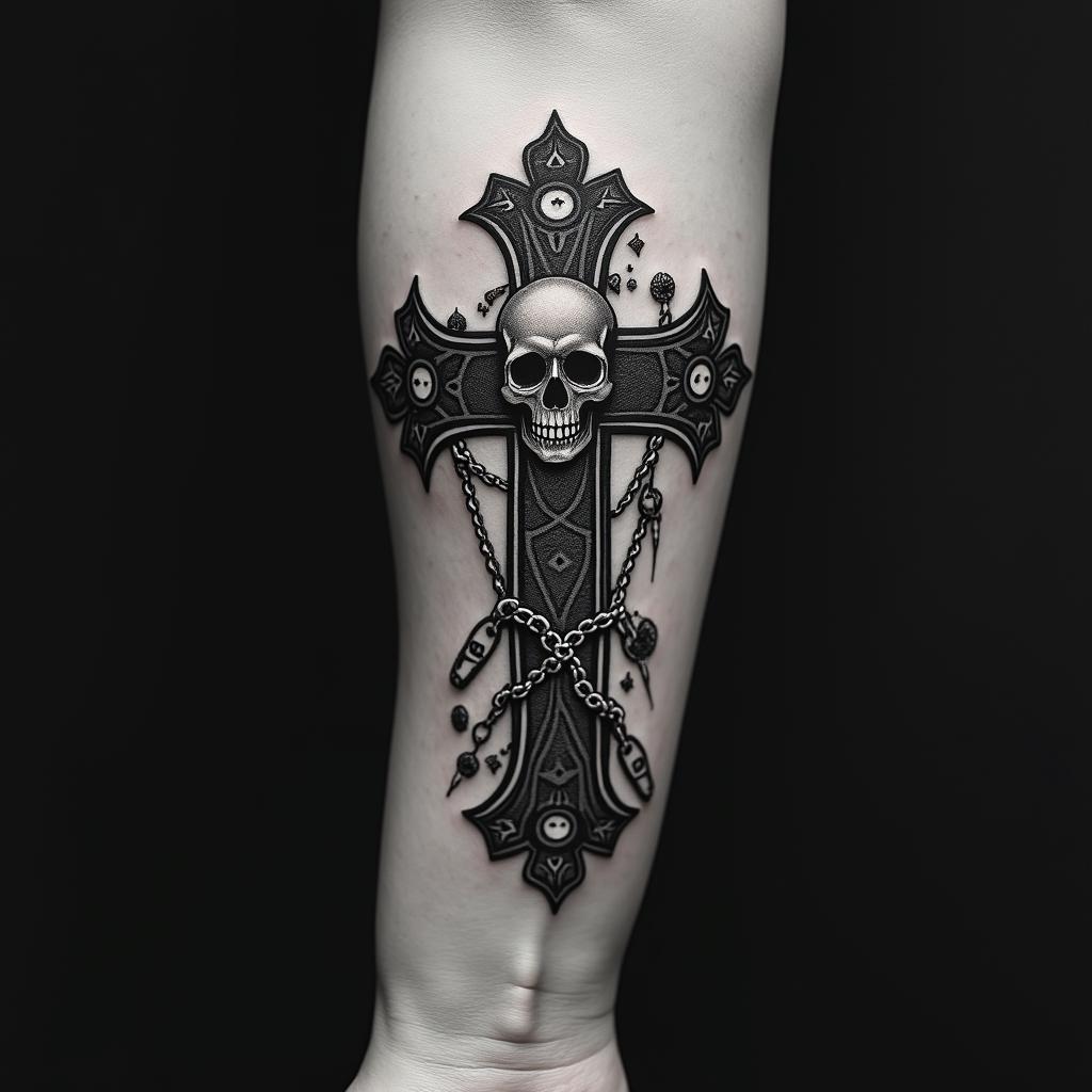 Fuck feelings heartbroken painin chicano style tattoo, featuring intricate black and grey shading, bold elements of traditional chicano culture symbols, add a big cross with skull, chains and roses