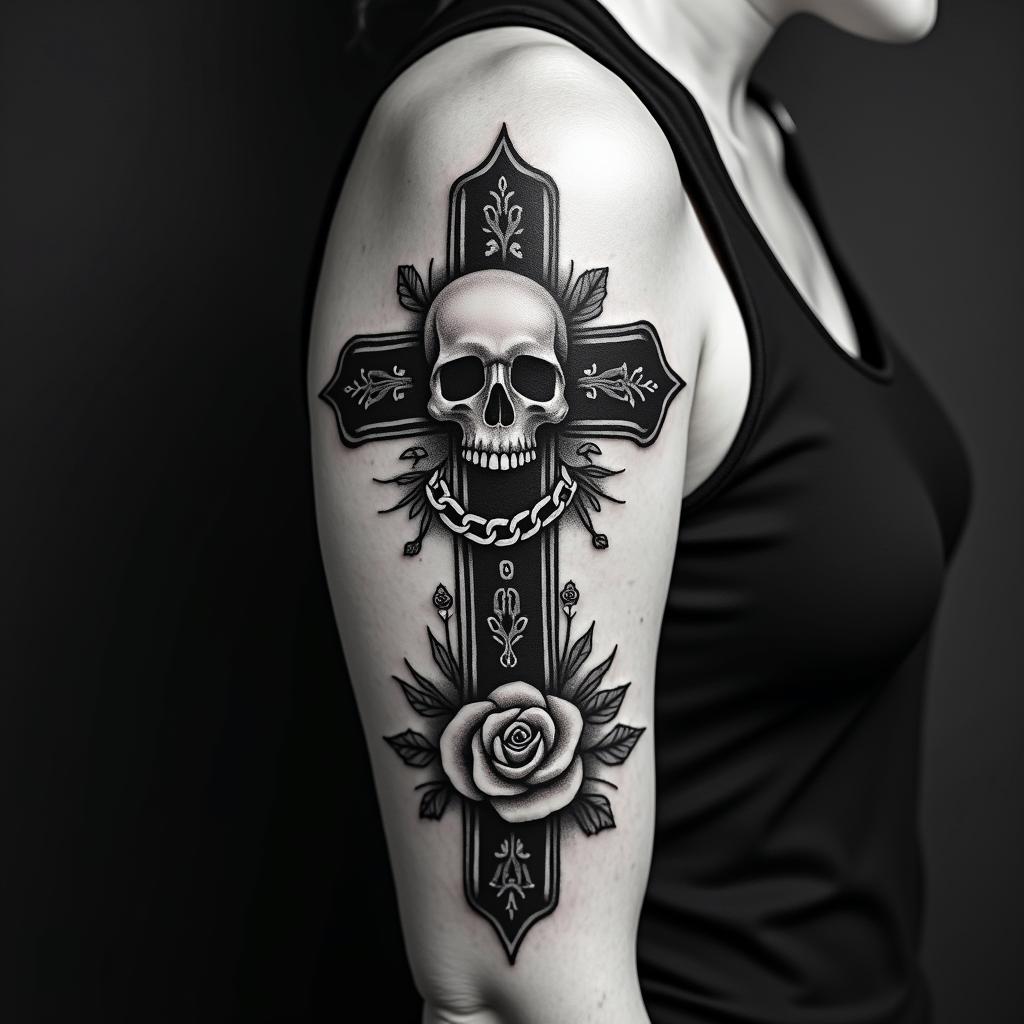 Fuck feelings heartbroken painin chicano style tattoo, featuring intricate black and grey shading, bold elements of traditional chicano culture symbols, add a big cross with skull, chains and roses - Variation 4