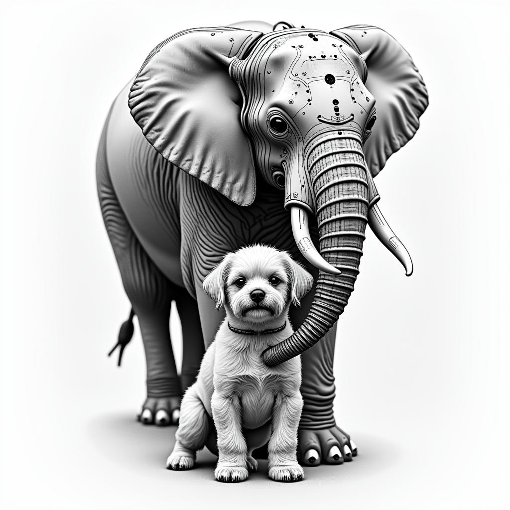 Elephant lifting up a shih tzutattoo in biomechanic style, the tattoo covered by robotic elements of futuristic cyberpunk design, robotic features detail, showcasing intricate mechanical components