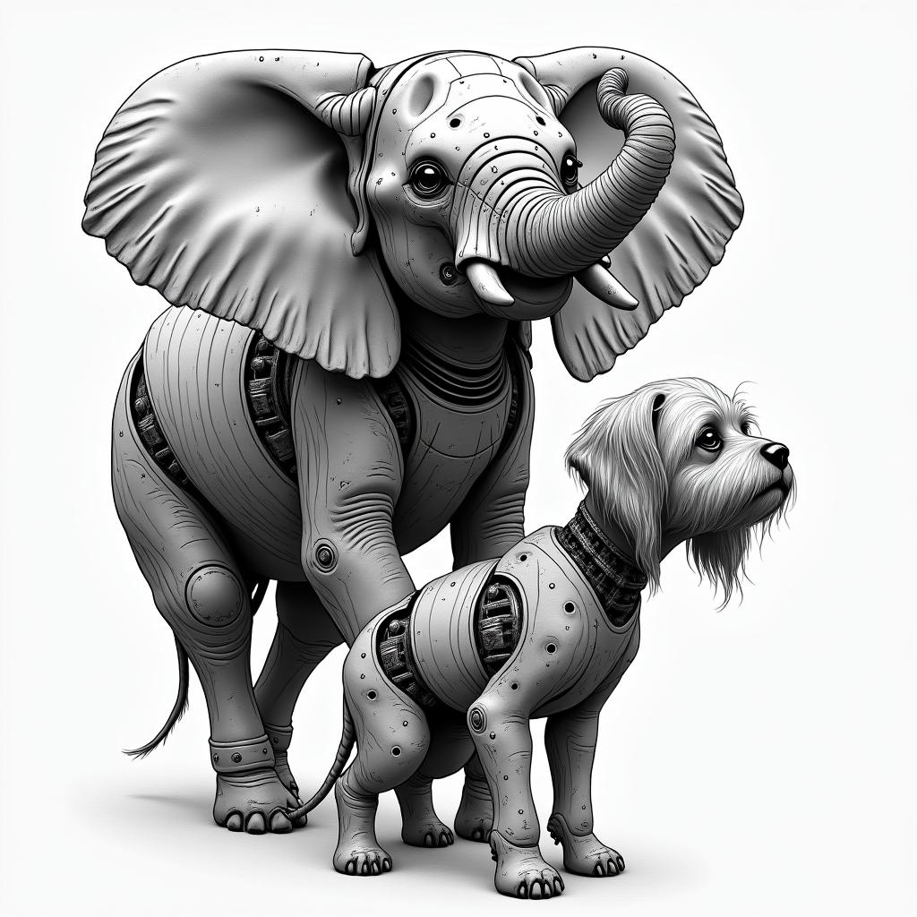 Elephant lifting up a shih tzutattoo in biomechanic style, the tattoo covered by robotic elements of futuristic cyberpunk design, robotic features detail, showcasing intricate mechanical components - Variation 4