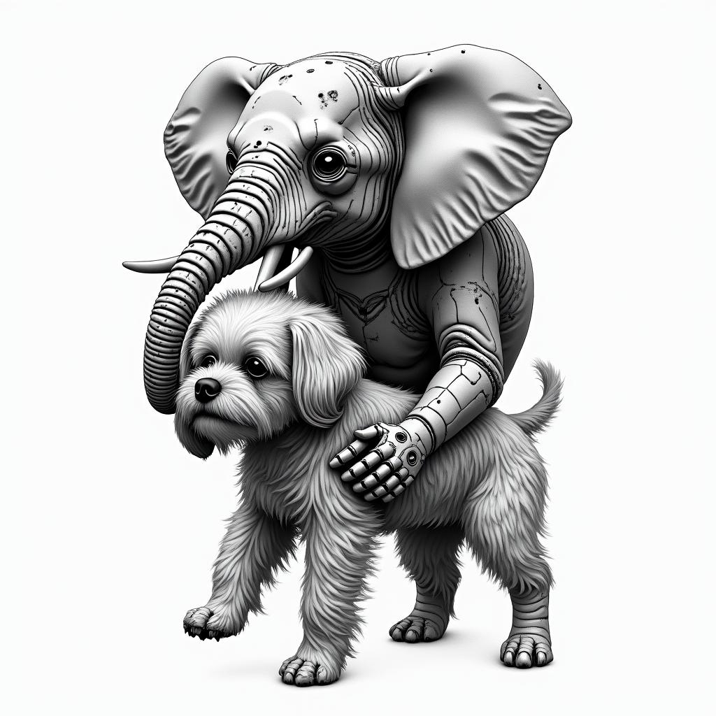 Elephant lifting up a shih tzutattoo in biomechanic style, the tattoo covered by robotic elements of futuristic cyberpunk design, robotic features detail, showcasing intricate mechanical components - Variation 2