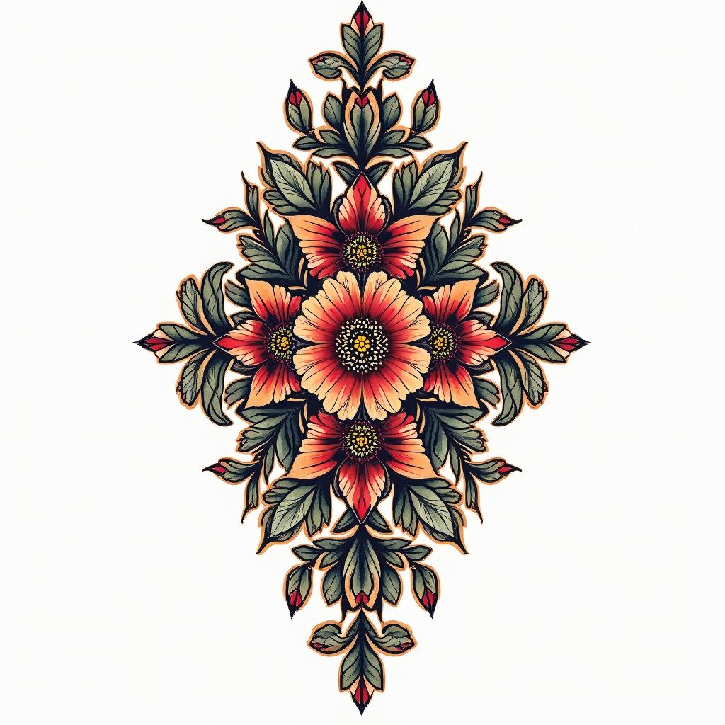 jasper, sagittarius, december 13 2004in ornamental tattoo style, featuring intricate symmetrical patterns and floral designs, showcasing highly detailed line work and geometric shapes, creating a sense of elegance and balance