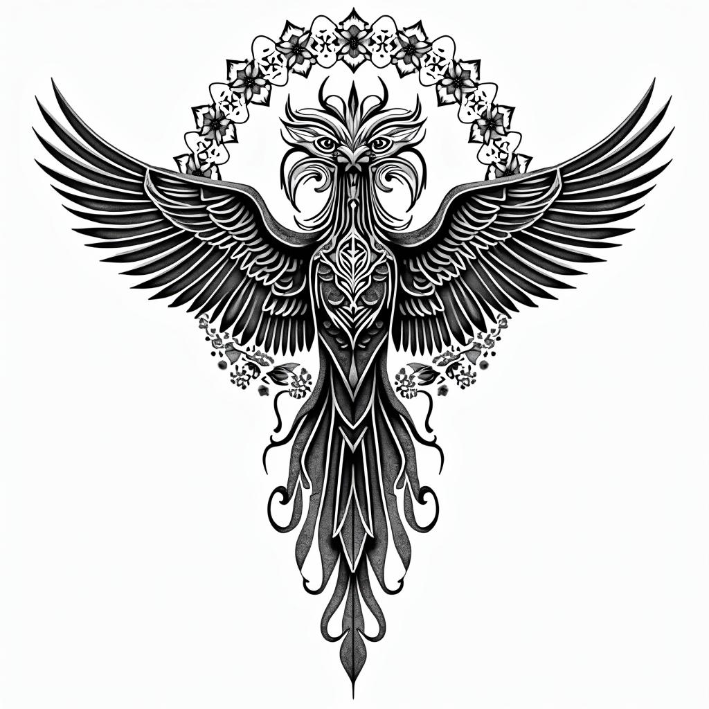 Valkyrie Gemini serpent crowin dotwork style tattoo, complex mandala patterns, interlocking geometric shapes with sharp symmetry, clean lines, sharp angles