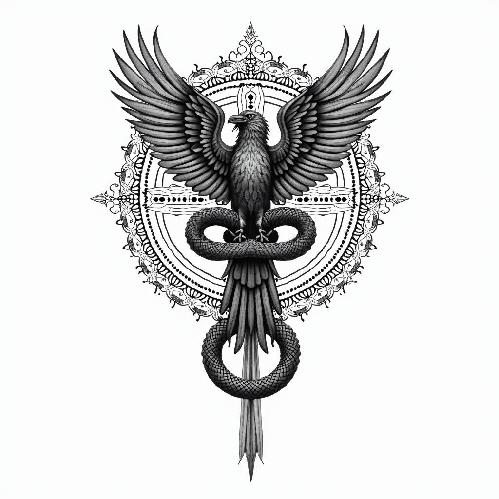 Valkyrie Gemini serpent crowin dotwork style tattoo, complex mandala patterns, interlocking geometric shapes with sharp symmetry, clean lines, sharp angles - Variation 3