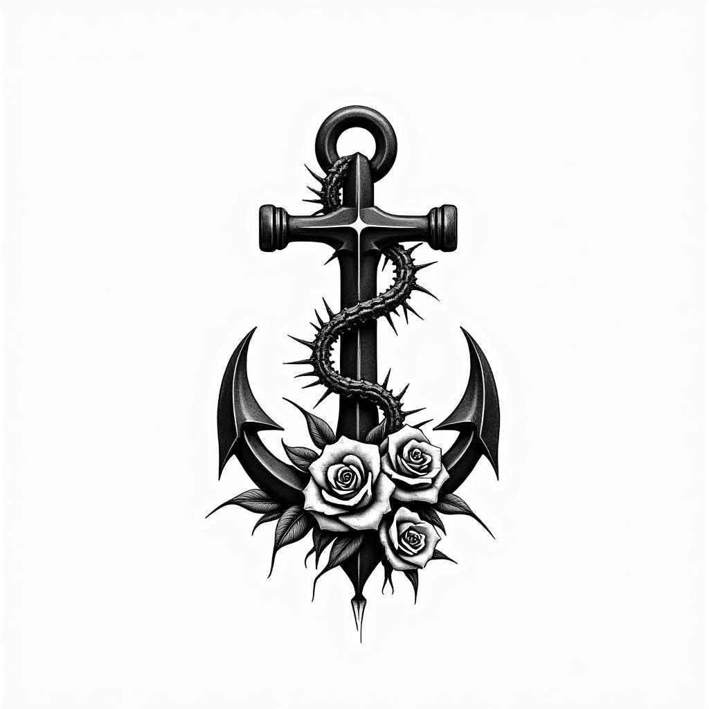Anchor entwined with roses and thornstext-based tattoo, gothic font ultra-realistic, perfectly placed, high-quality font design, photo-realistic shading, 8k, high quality, finely detailed typography
