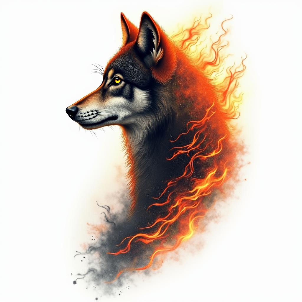 Galaxy with a silhouette of a wolf in the backgroundin flame tattoo style showcasing fiery elements with dynamic flame patterns, glowing effect of flames, natural colors - Variation 3