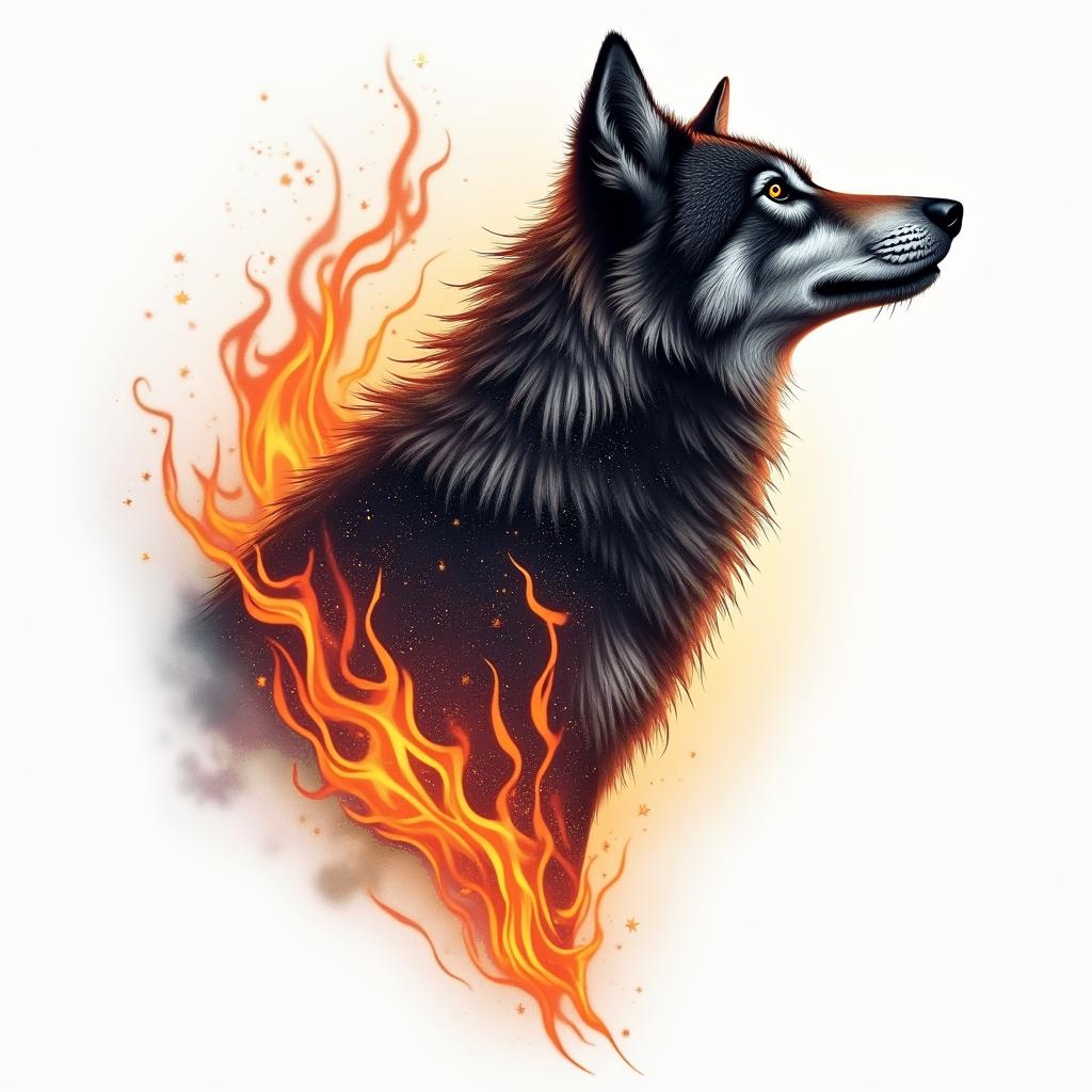 Galaxy with a silhouette of a wolf in the backgroundin flame tattoo style showcasing fiery elements with dynamic flame patterns, glowing effect of flames, natural colors