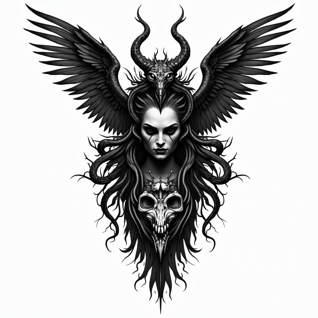 Valkyrie Gemini serpent raven in horror tattoo style, showcasing haunting and unsettling, dark and gritty textures with skulls, eerie faces, jgged designs, bold and intense shading - Variation 3