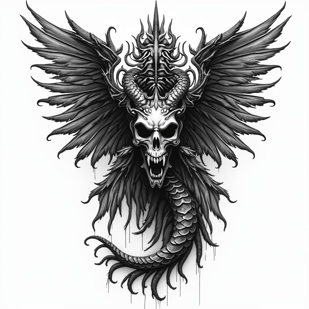 Valkyrie Gemini serpent raven in horror tattoo style, showcasing haunting and unsettling, dark and gritty textures with skulls, eerie faces, jgged designs, bold and intense shading - Variation 4