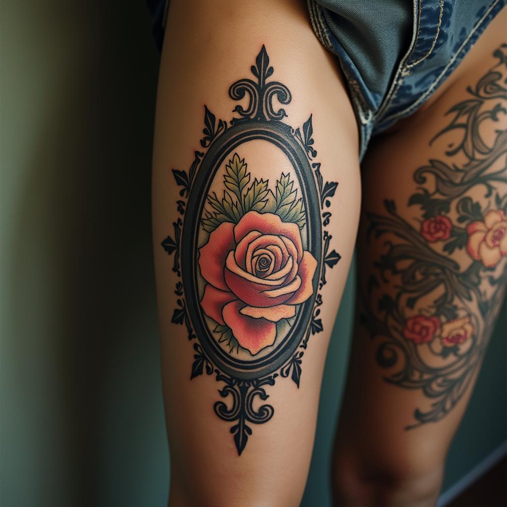 Mack lifein victorian style tattoo, featuring vintage and elegant elements, ornate frames, roses, antique, sepia-toned color scheme - Variation 2
