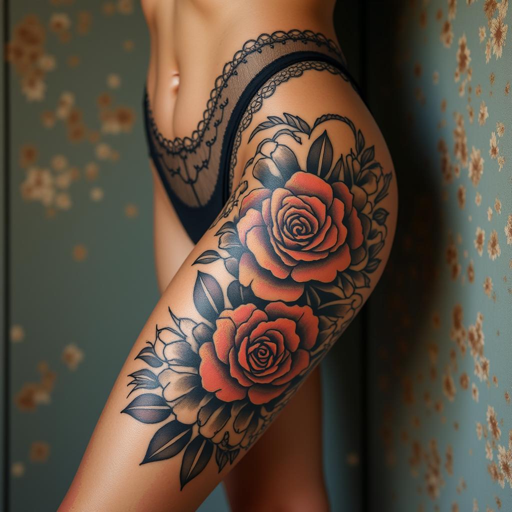Mack lifein victorian style tattoo, featuring vintage and elegant elements, ornate frames, roses, antique, sepia-toned color scheme - Variation 3