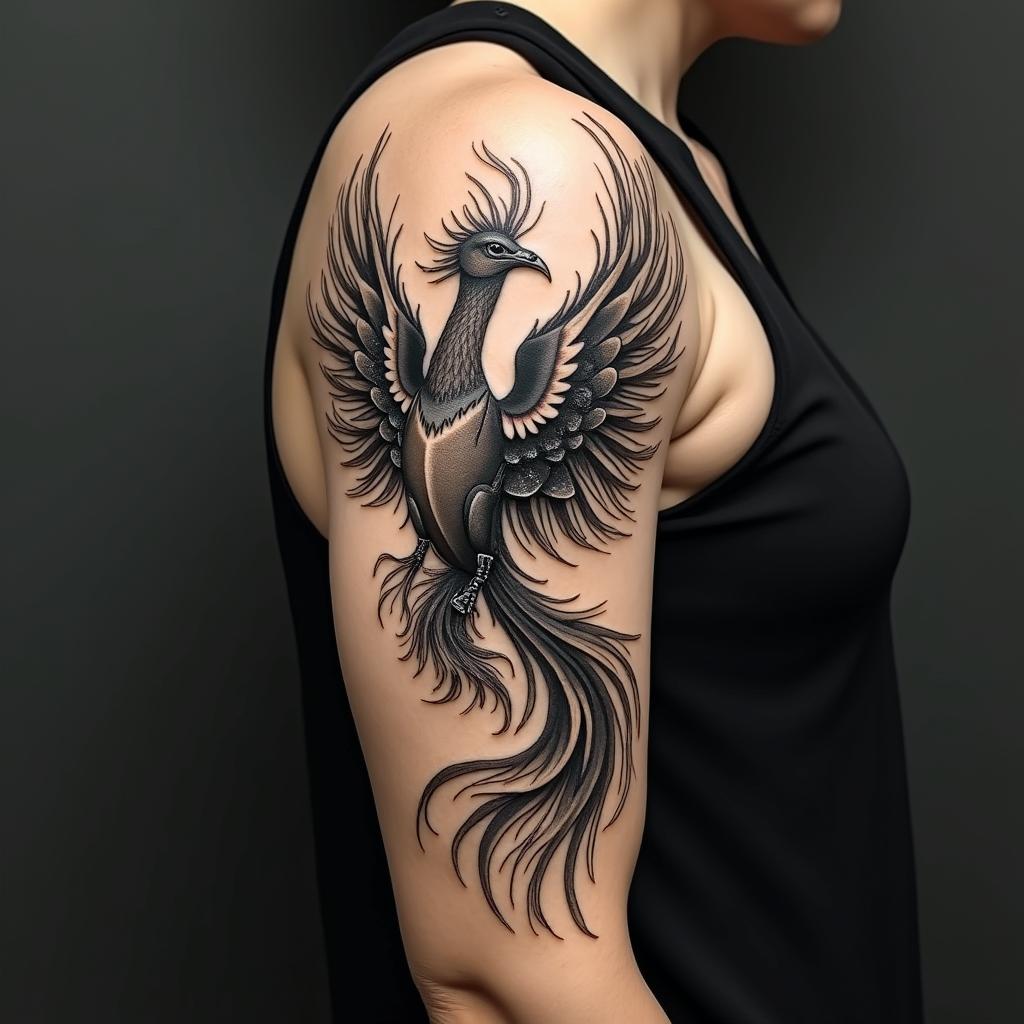 Rising Phoenix with lively fiery wingstattoo in biomechanic style, the tattoo covered by robotic elements of futuristic cyberpunk design, robotic features detail, showcasing intricate mechanical components