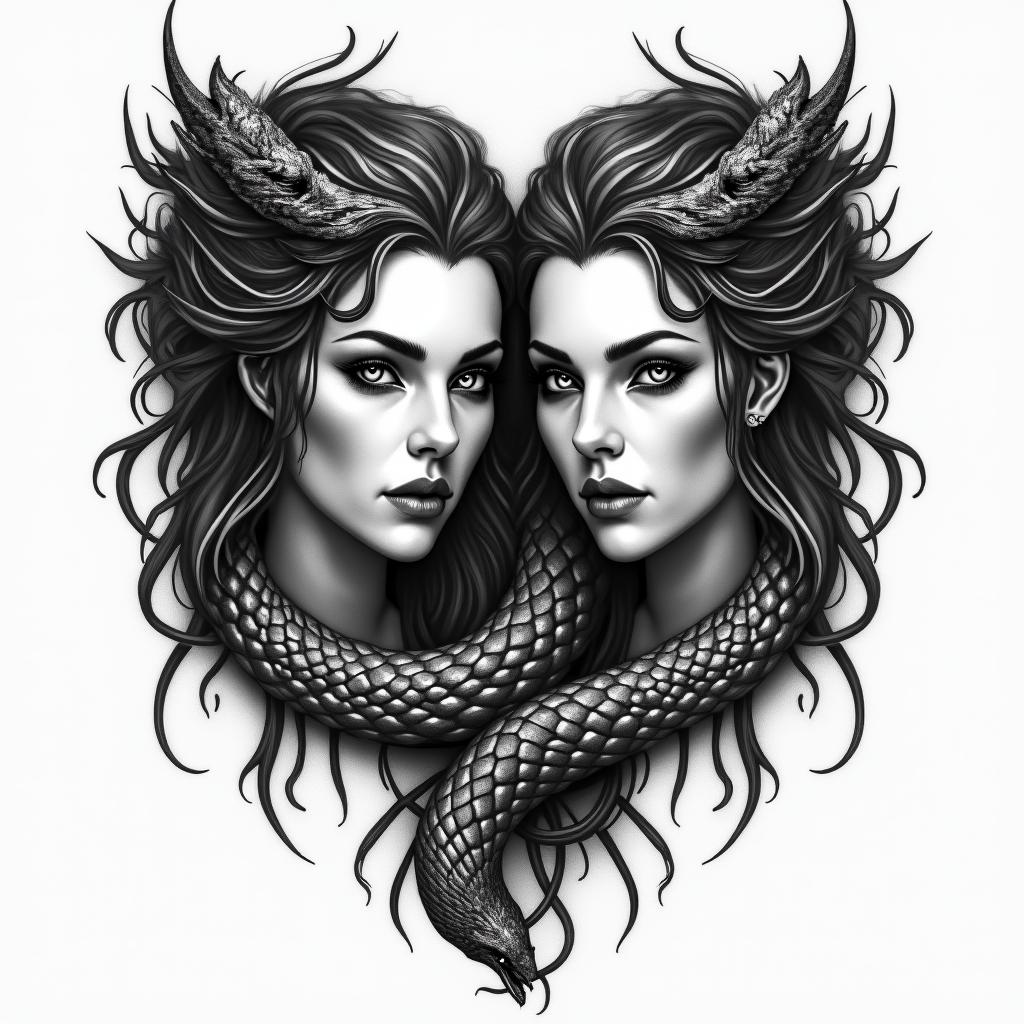 Valkyrie twins serpent ravenin realism tattoo style, featuring a highly detailed, lifelike, capturing every detail, photorealistic, ultra realistic, intricate shading, smooth and sharp, - Variation 3