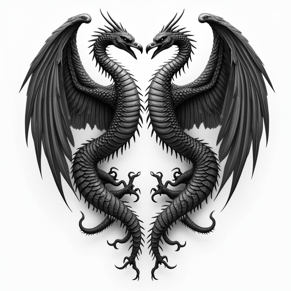 Valkyrie twins serpent ravenin realism tattoo style, featuring a highly detailed, lifelike, capturing every detail, photorealistic, ultra realistic, intricate shading, smooth and sharp,