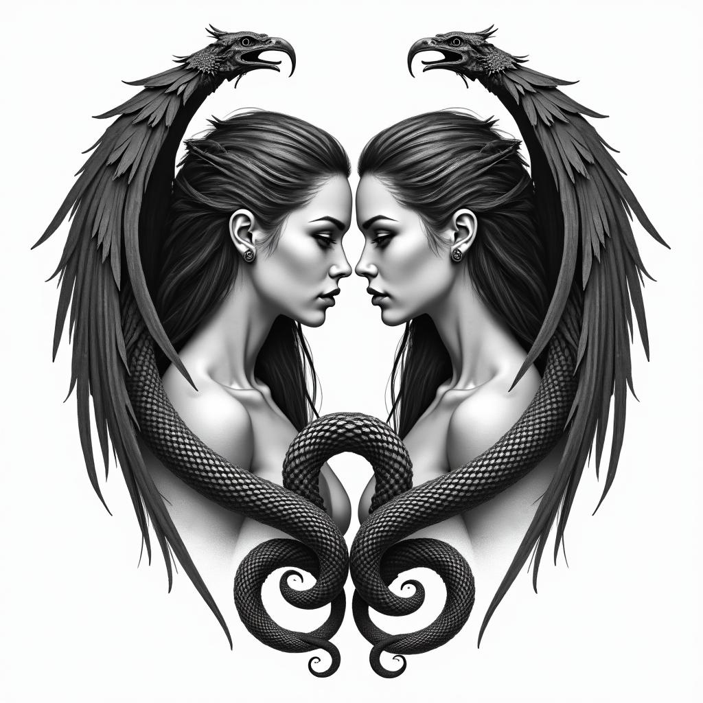 Valkyrie twins serpent ravenin realism tattoo style, featuring a highly detailed, lifelike, capturing every detail, photorealistic, ultra realistic, intricate shading, smooth and sharp, - Variation 4