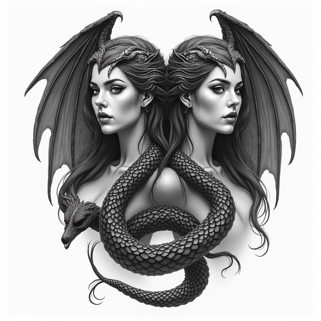 Valkyrie twins serpent ravenin realism tattoo style, featuring a highly detailed, lifelike, capturing every detail, photorealistic, ultra realistic, intricate shading, smooth and sharp, - Variation 2